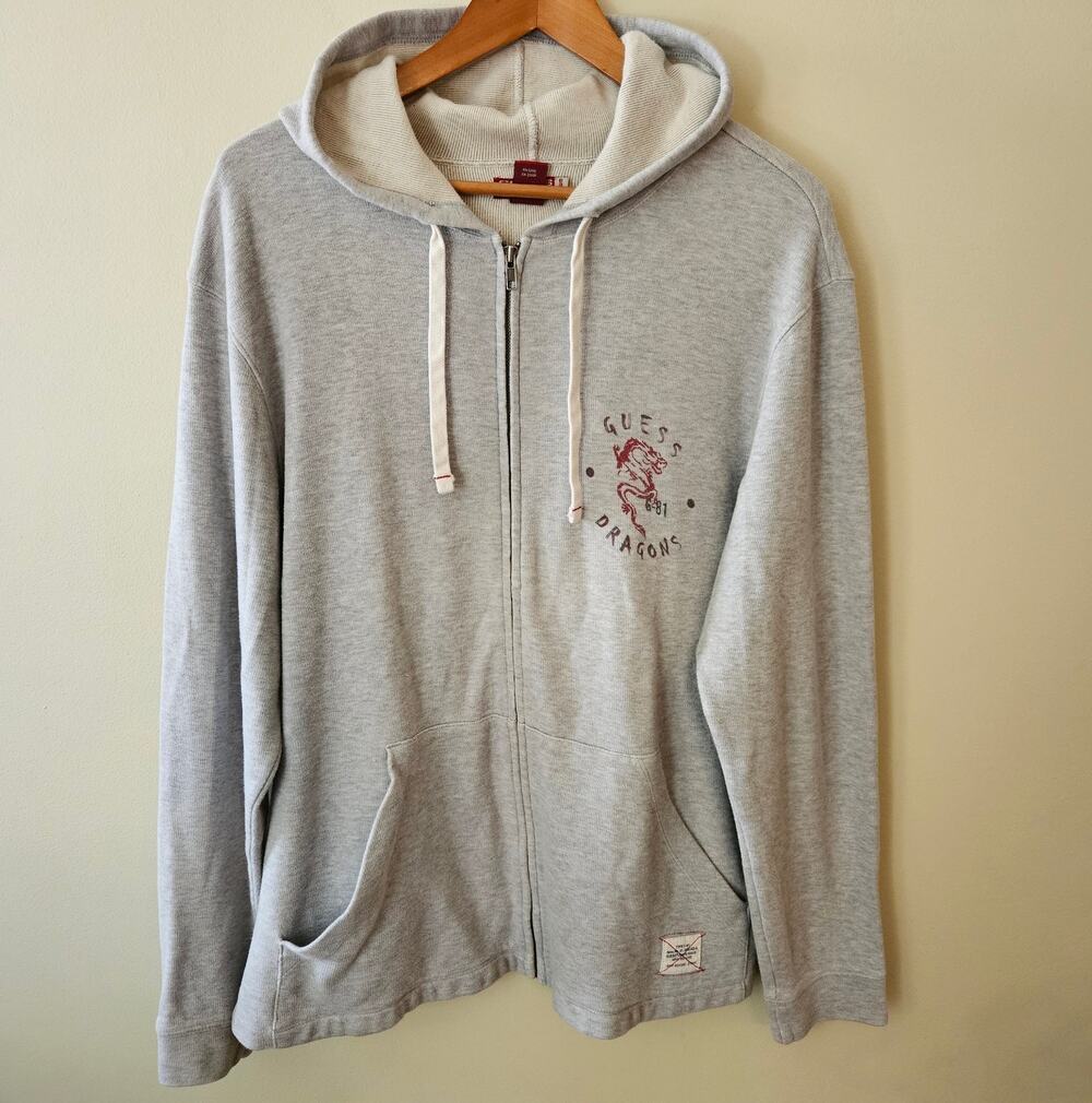 Vintage Y2K Guess Men's Zippered Hoodie Size Medium Dragon Skater Grunge